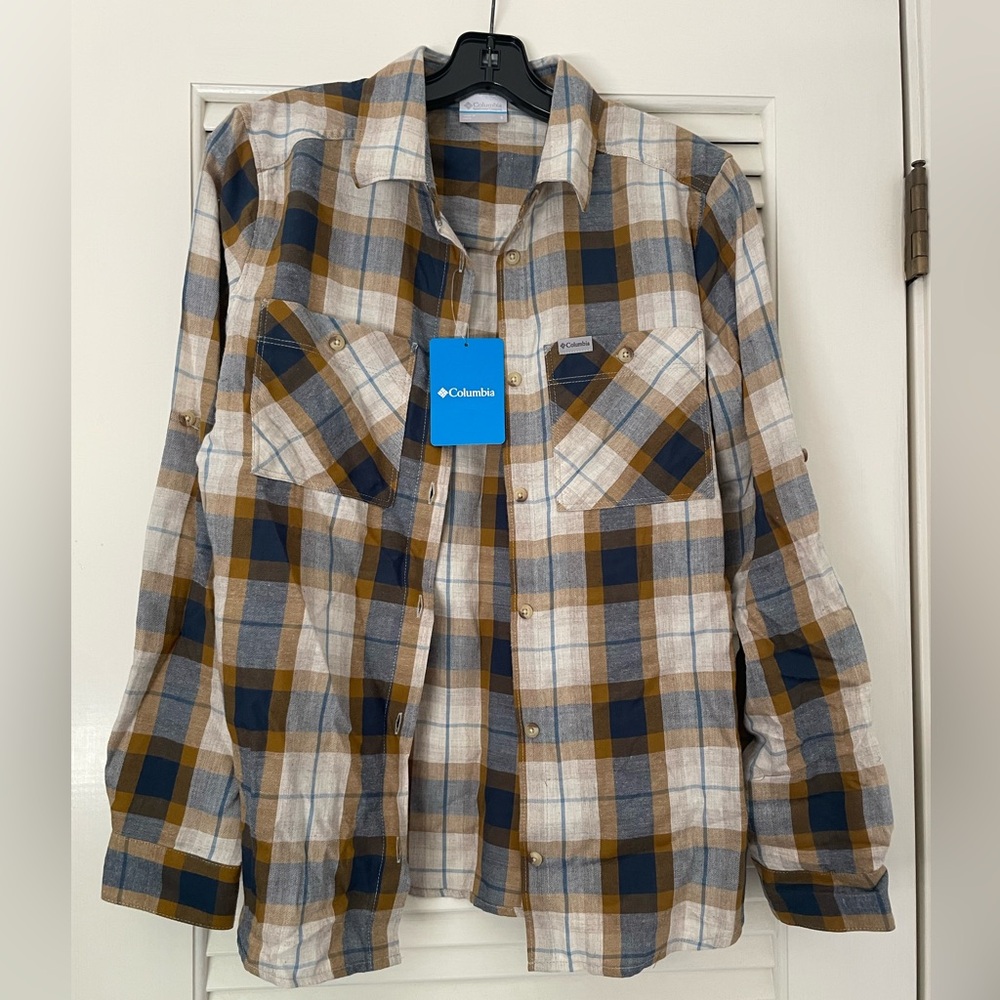 NWT Women's Size S Columbia Sequoia Park Woven Shirt - Brown/Blue Plaid